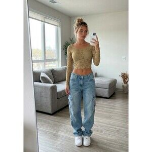 Vintage Michi Collection Gold Lace Mesh Top Sheer Floral Y2K Glam Layering Shirt